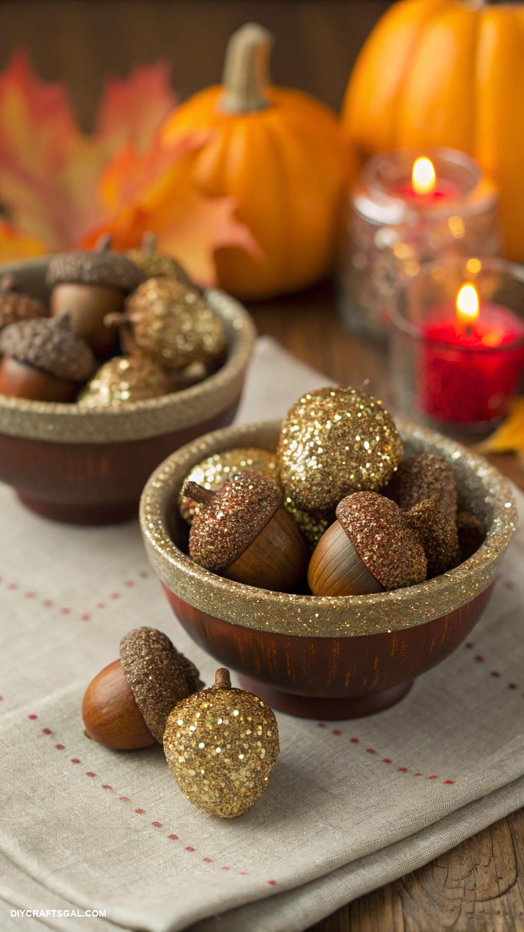 diy thanksgiving decorations Glittery acorns in decorative bowls