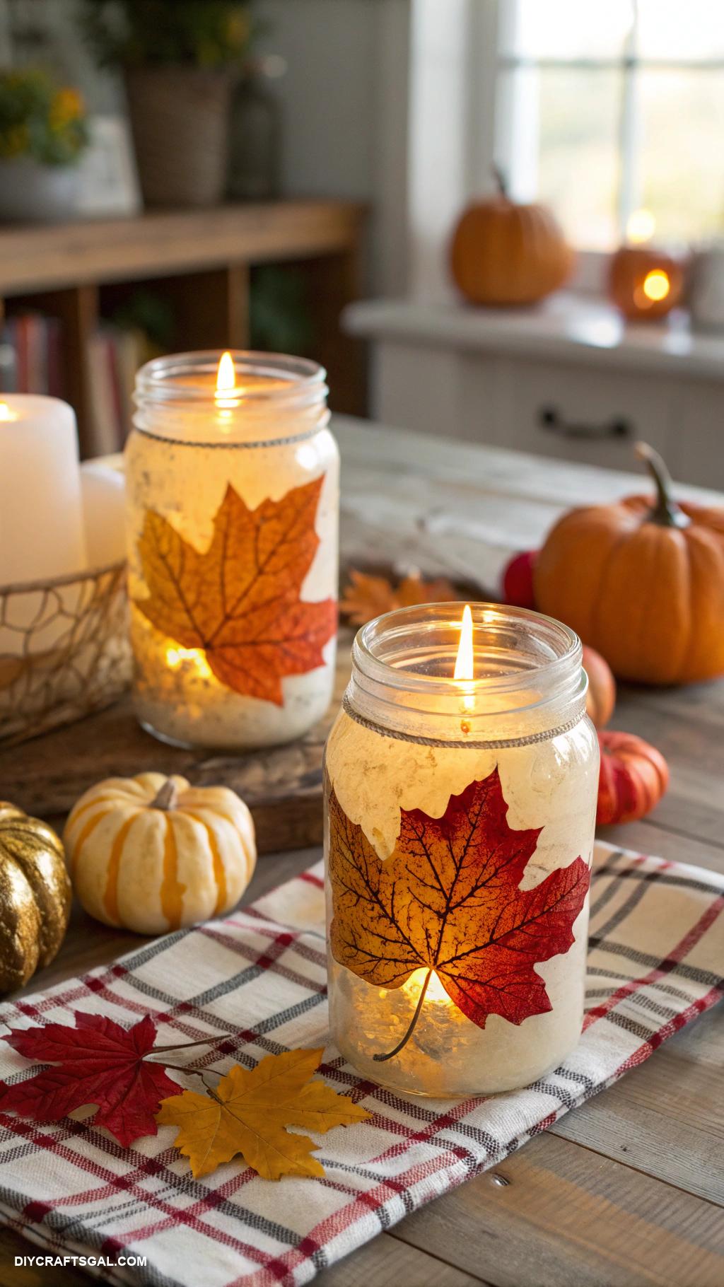 diy thanksgiving decorations Mason jar candle holders with autumn leaves