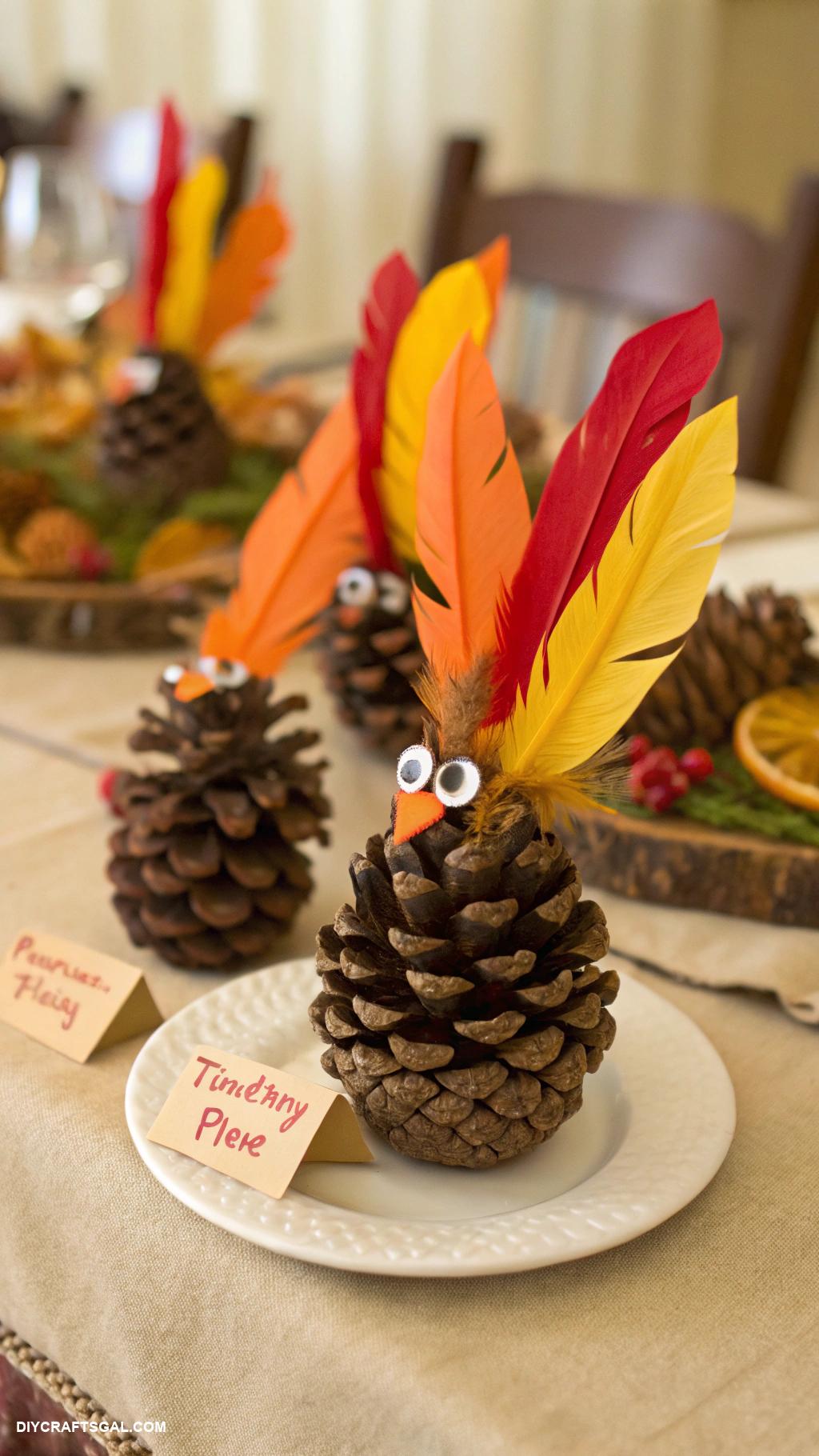 diy thanksgiving decorations Pinecone turkey place card holders