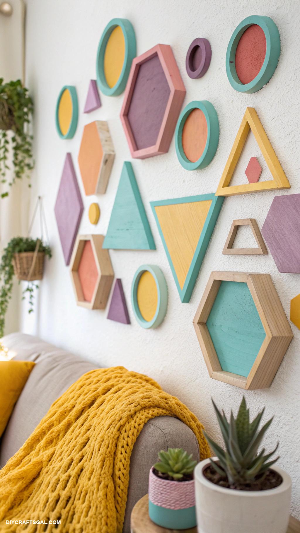 diy wall decor Colorful painted wooden geometric shapes display
