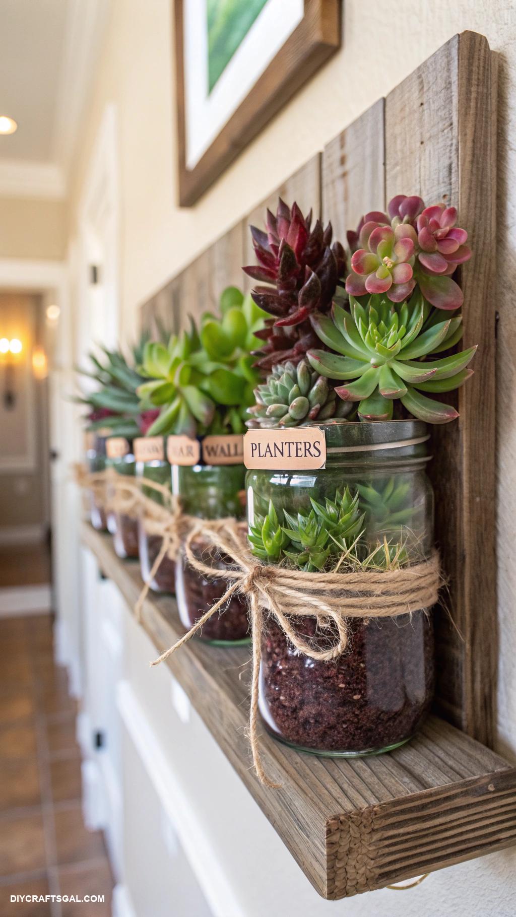 diy wall decor Mason jar wall planters with lush succulents
