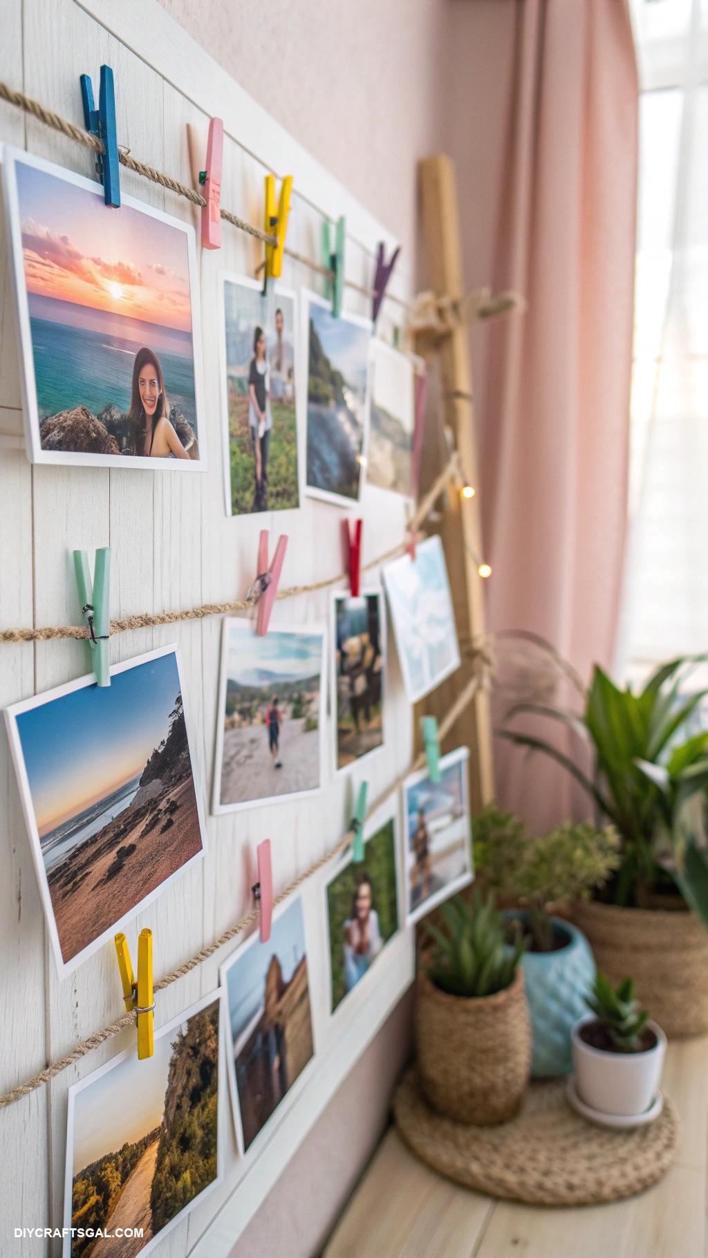diy wall decor Photo collage using clothespins and twine