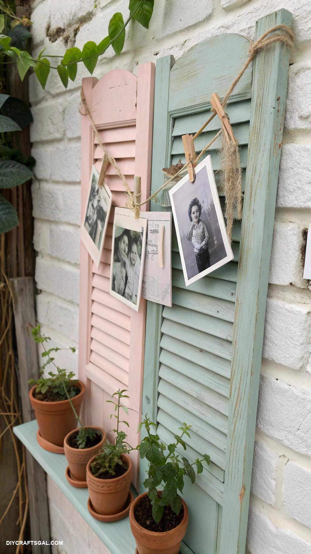 diy wall decor Repurposed shutters as a photo display