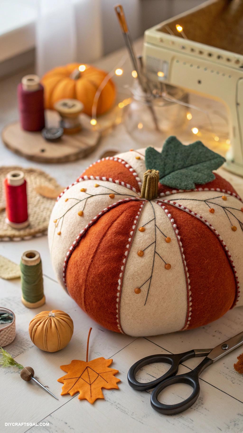 fall sewing projects Pumpkin shaped pillow for seasonal decor