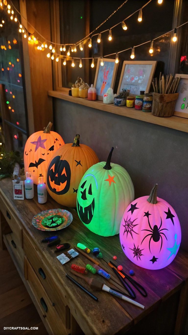 halloween crafts Glow in the dark painted pumpkins