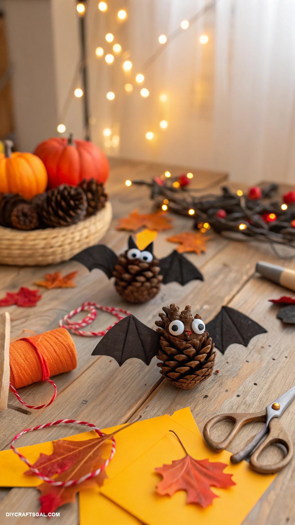 halloween crafts Pinecone bat decorations