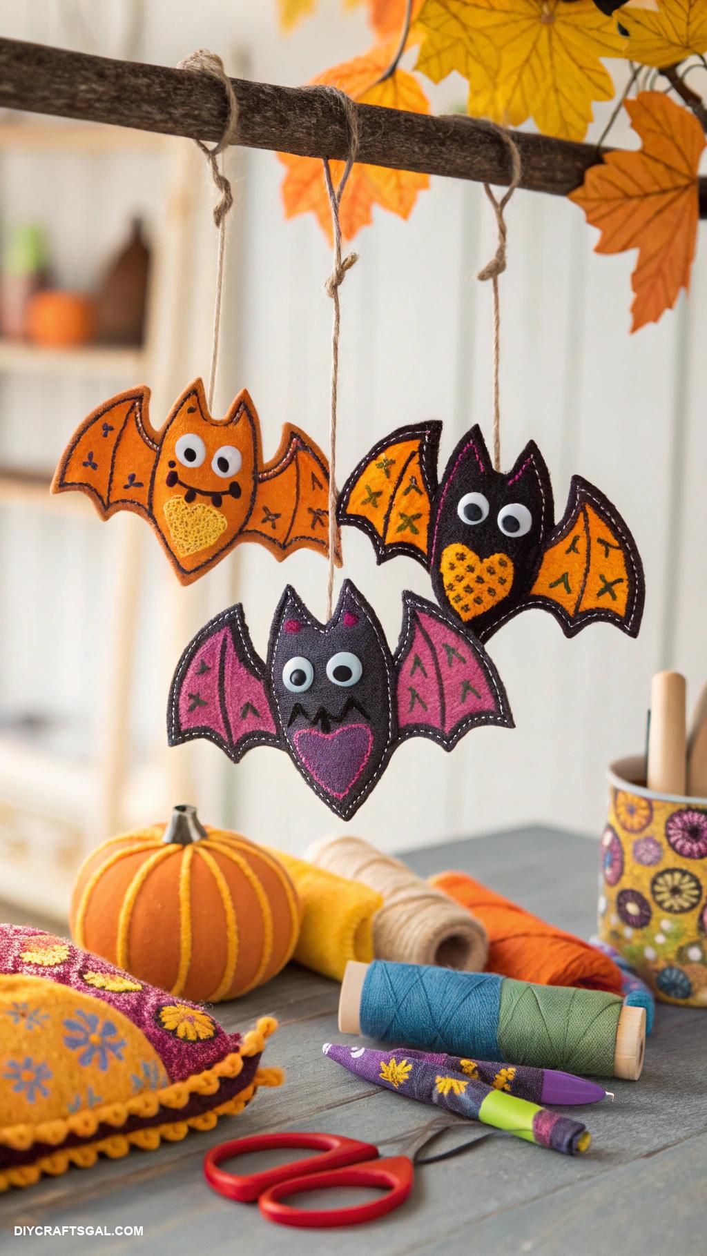 halloween sewing ideas Bat hanging decorations with felt