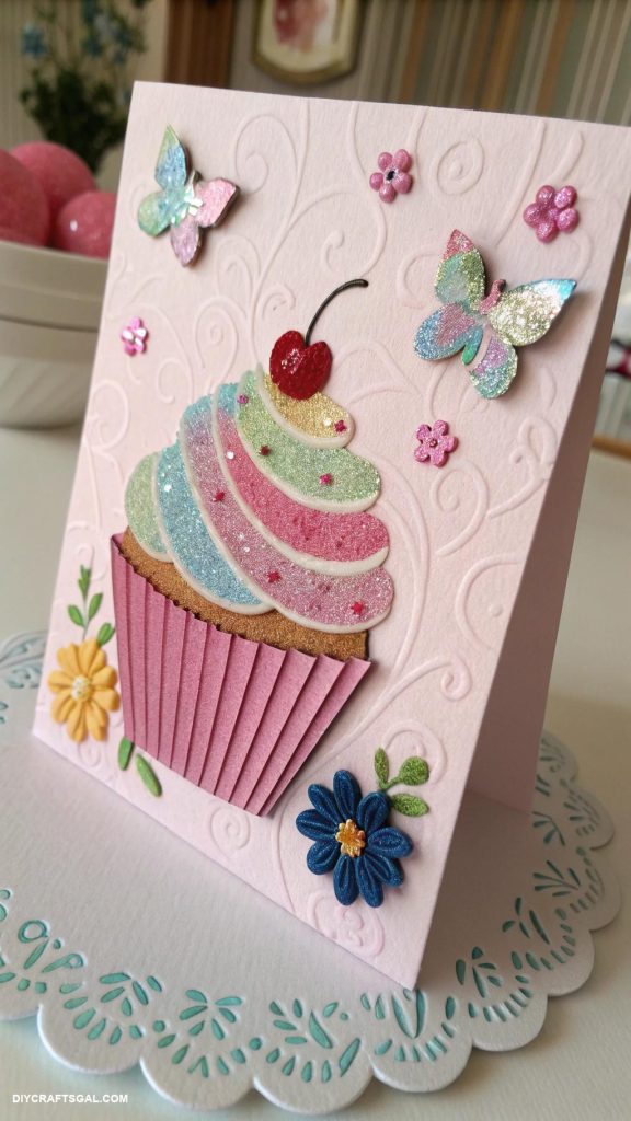 handmade birthday card ideas 3D cupcake with glitter frosting