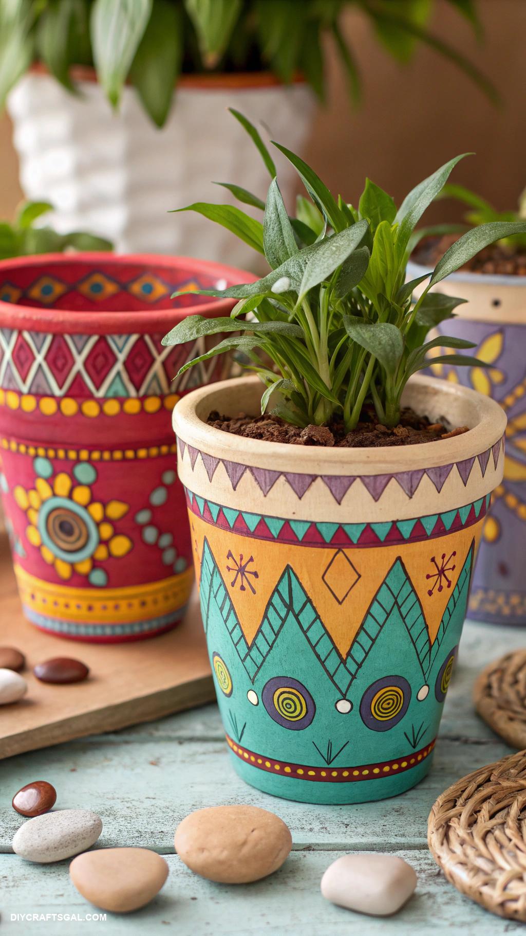 handmade ceramics Colorful plant pots with geometric patterns
