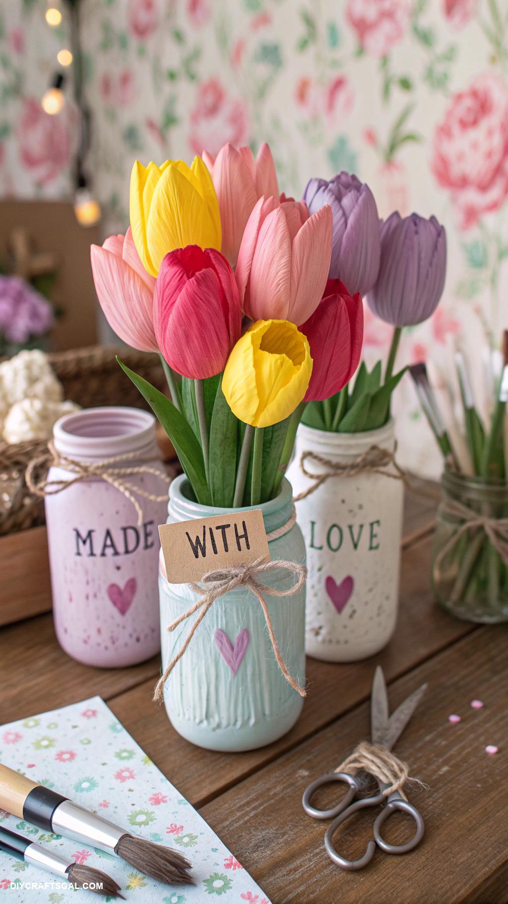 handmade flowers paper Hand painted paper tulips in mason jars