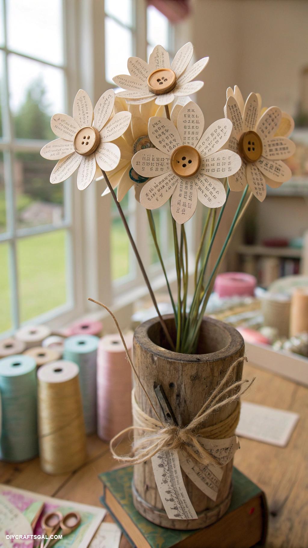 handmade flowers paper Vintage book page daisies with button centers