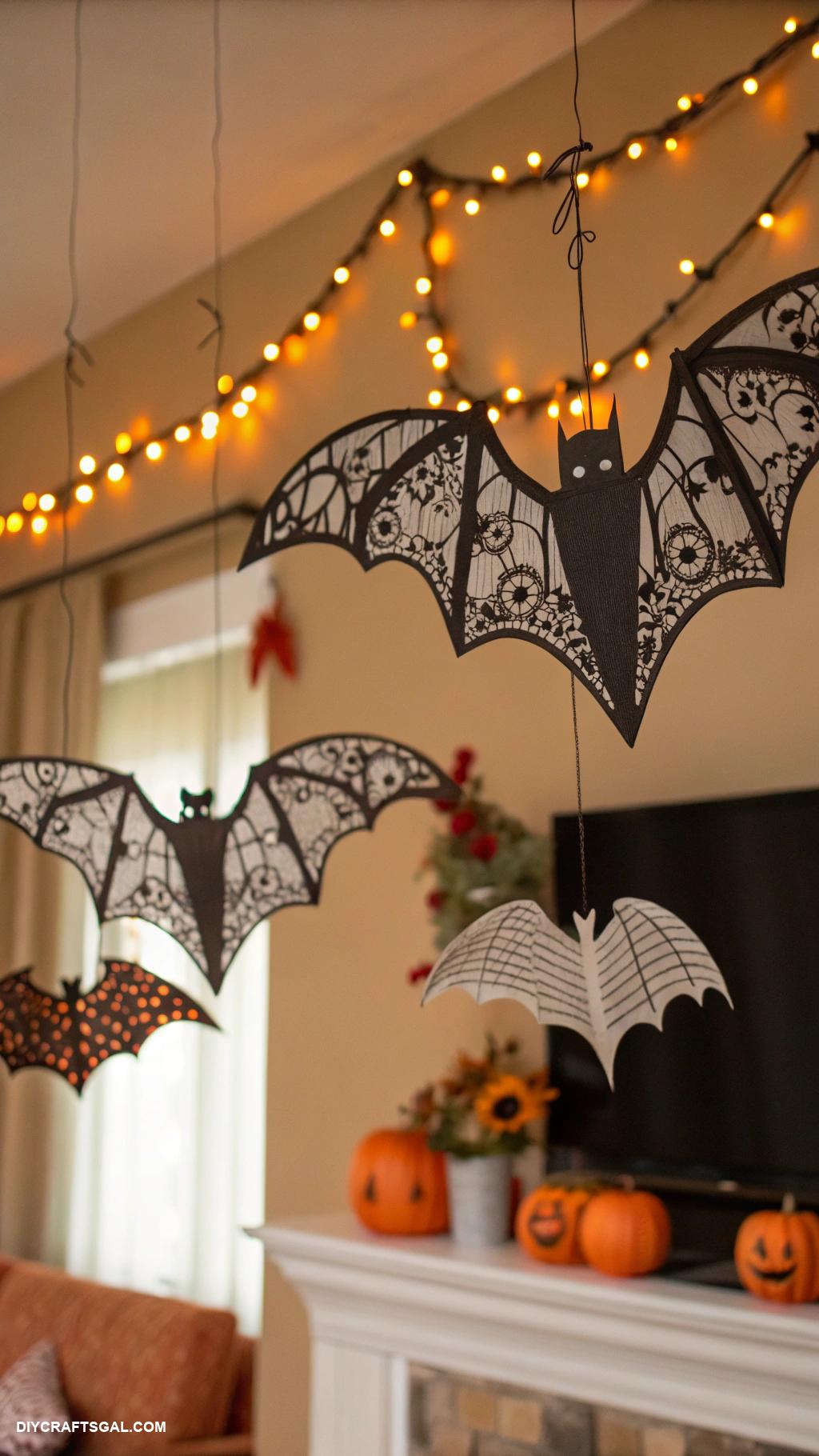 homemade halloween decorations Bat paper cutouts hanging from ceiling