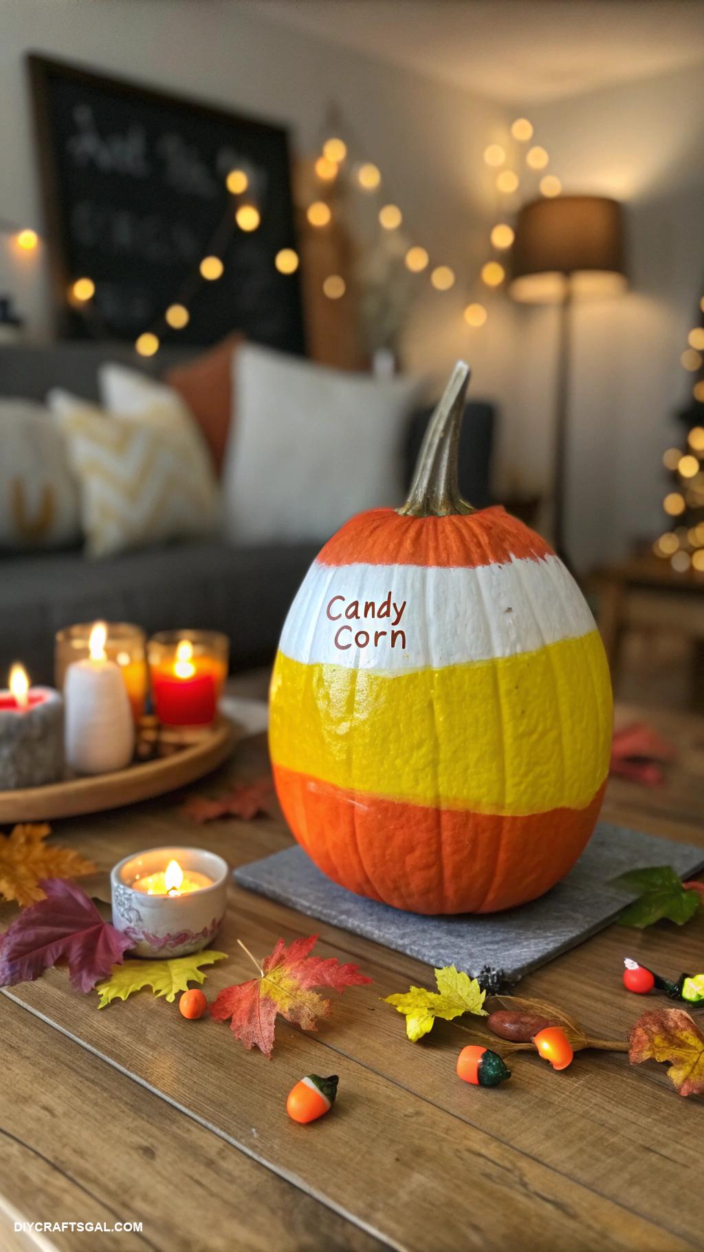homemade halloween decorations Candy corn inspired painted pumpkin