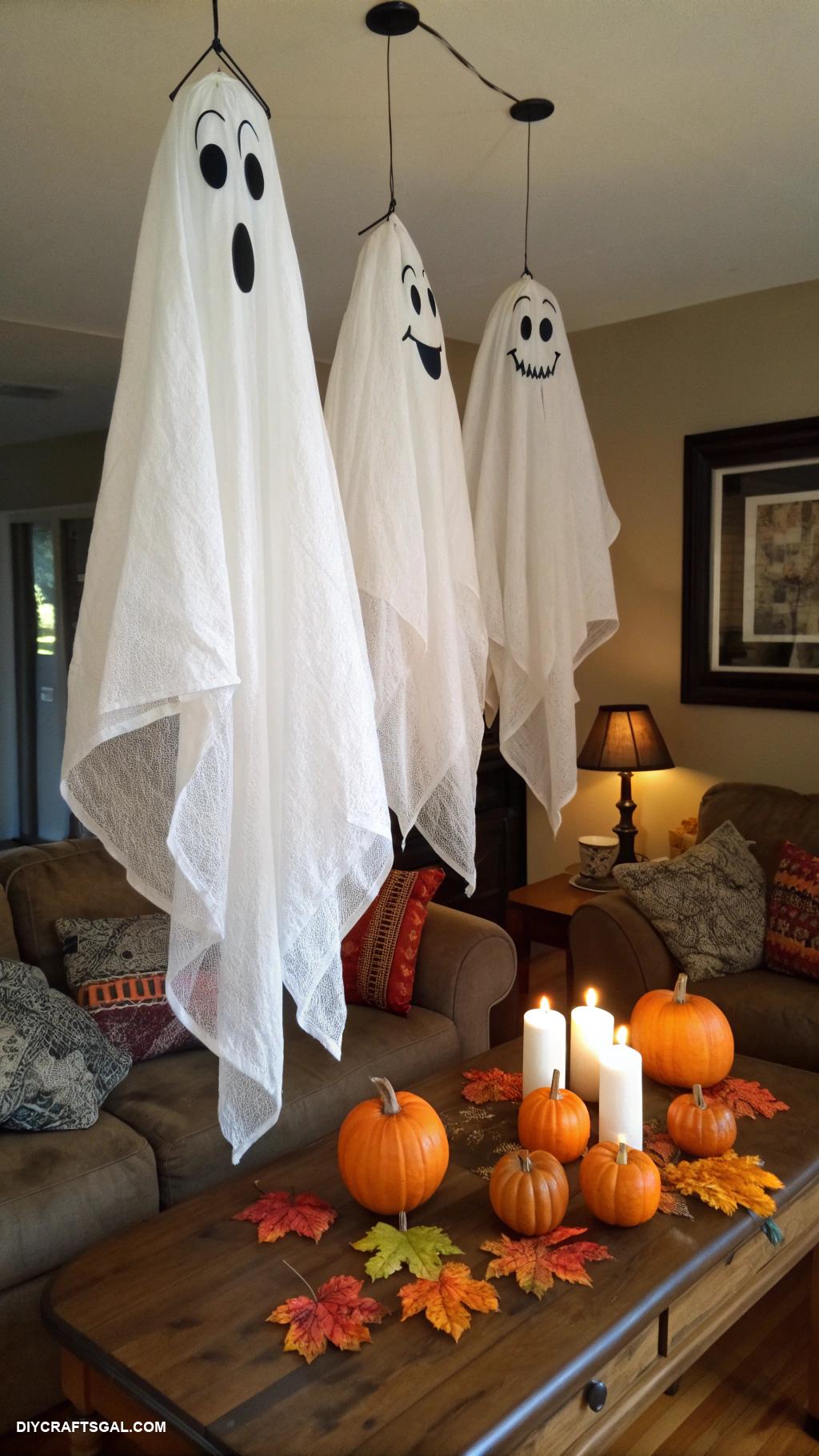 homemade halloween decorations Ghostly hanging cheesecloth figures
