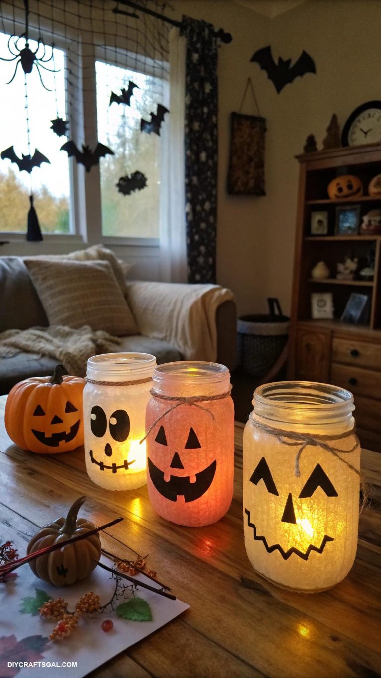 homemade halloween decorations Glowing jar lanterns with spooky faces