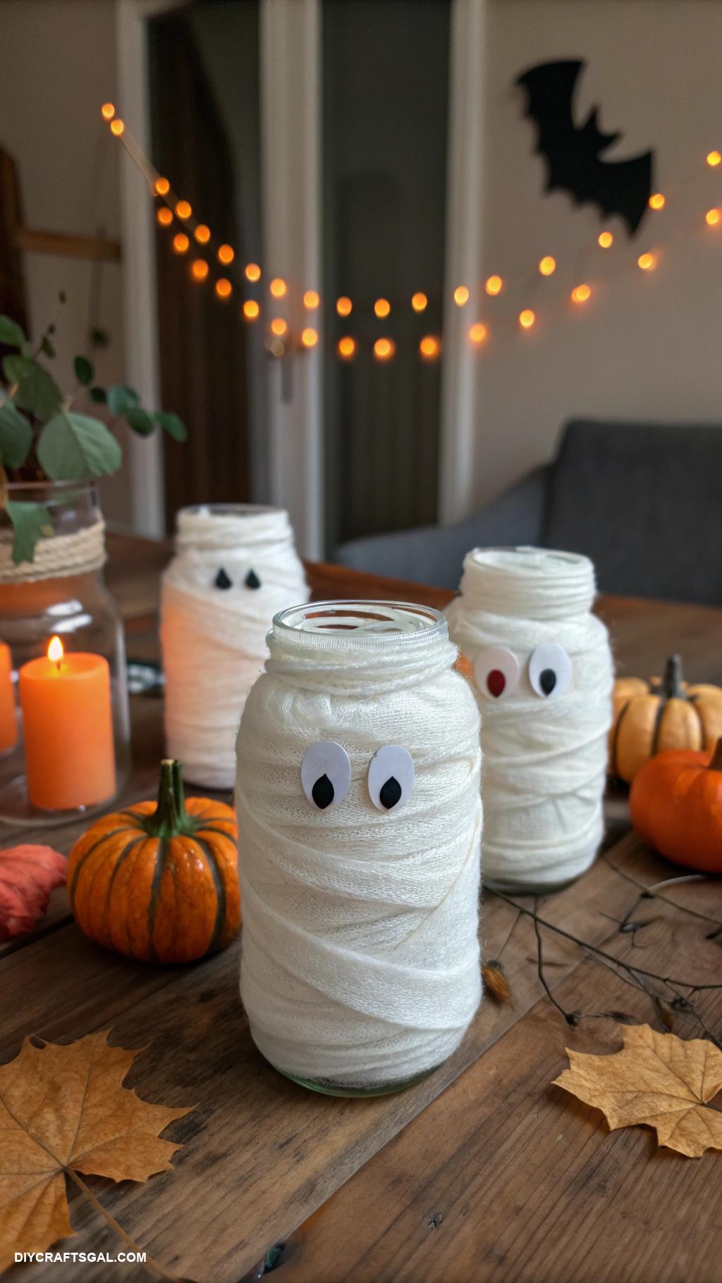 homemade halloween decorations Mason jar mummies with gauze