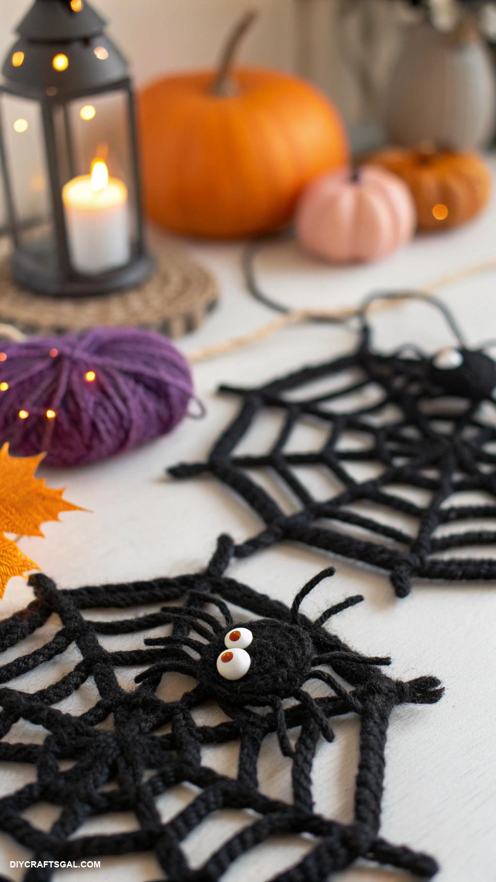 homemade halloween decorations Spiderwebs made from black yarn