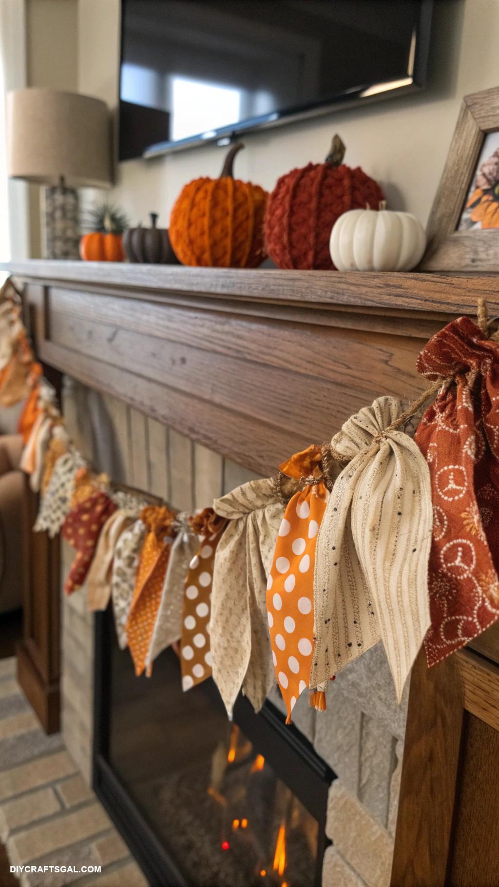 homemade thanksgiving decorations Fabric scrap pumpkin garland for mantel