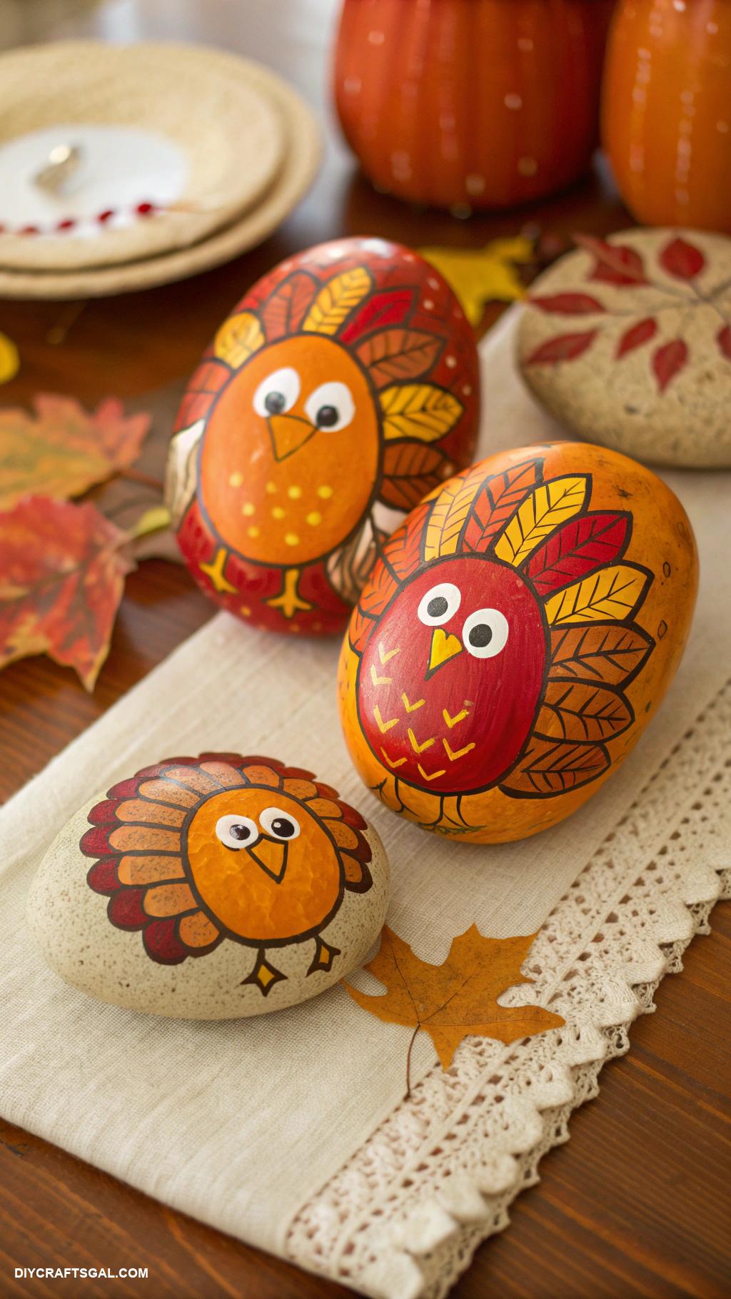 homemade thanksgiving decorations Hand painted turkey rocks for table decor