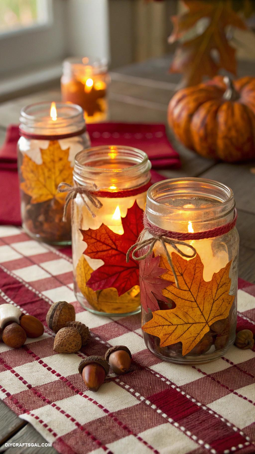homemade thanksgiving decorations Mason jar lanterns with autumn leaves