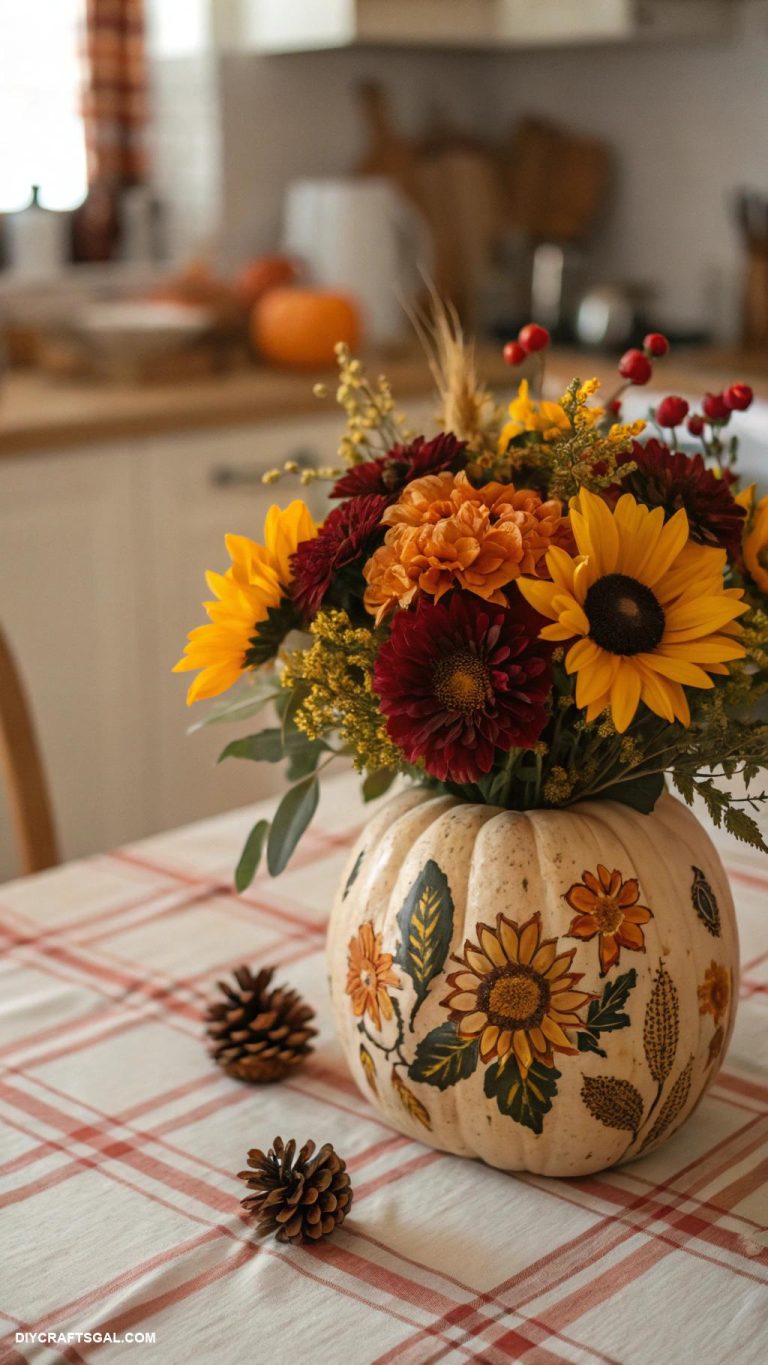 homemade thanksgiving decorations Pumpkin vase with fresh fall flowers