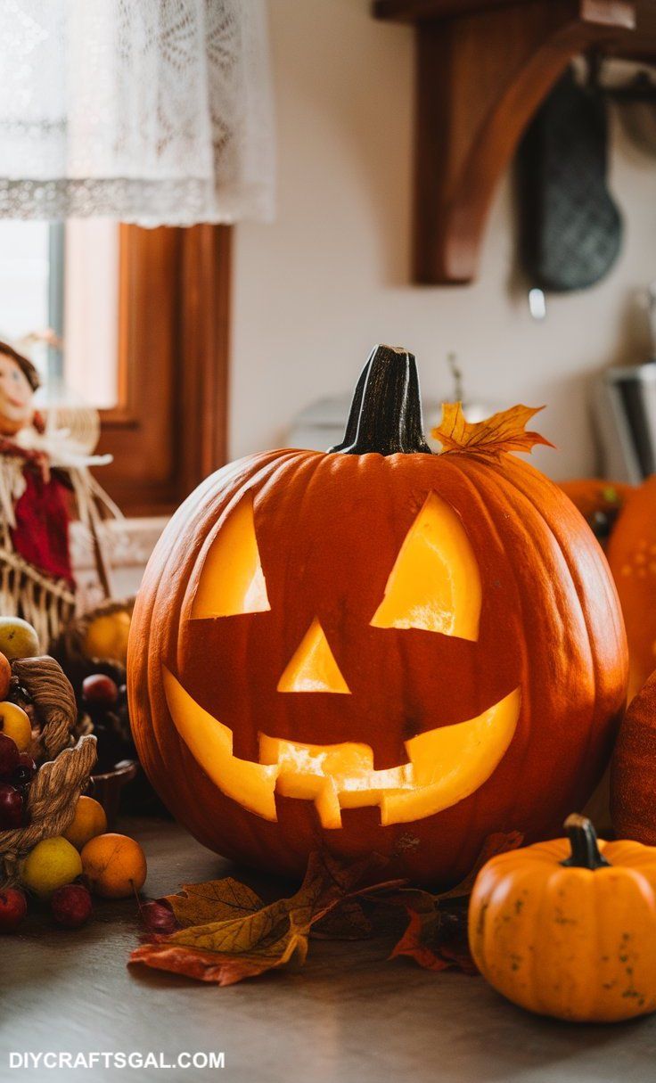 pumpkin carving Jack O Lantern traditional face with a spooky grin, triangle eyes, and a flickering candle inside