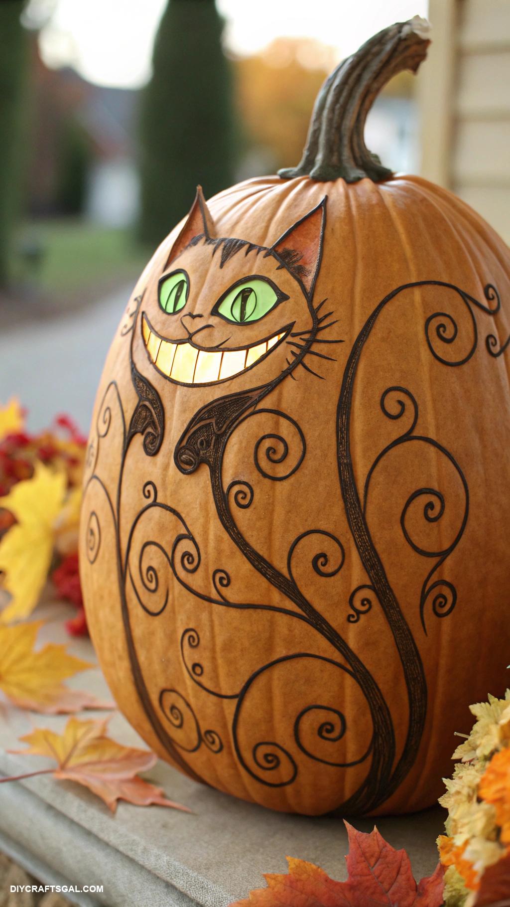 pumpkin carving ideas Grinning cat with swirling tail patterns