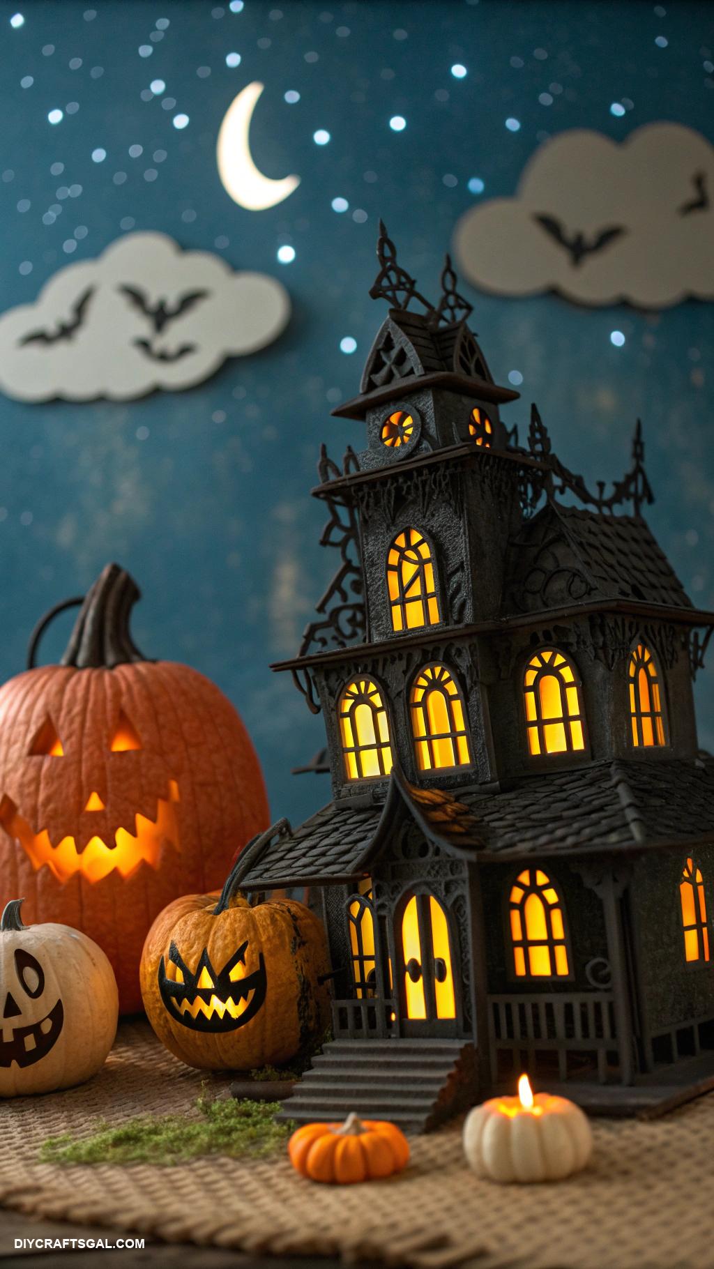 pumpkin carving ideas Haunted house silhouette with glowing windows