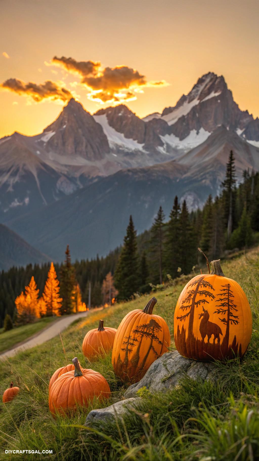 pumpkin carving ideas Nature scene with mountains and sun