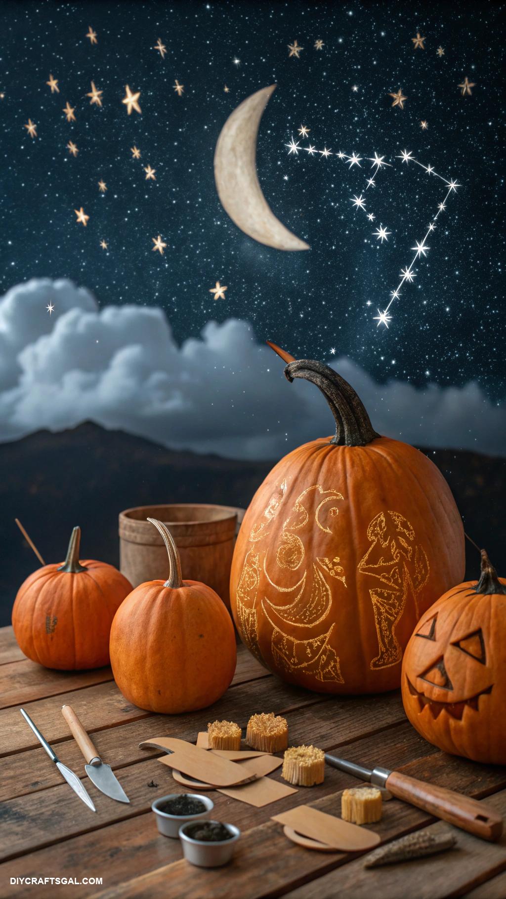 pumpkin carving ideas Starry night sky with crescent moon