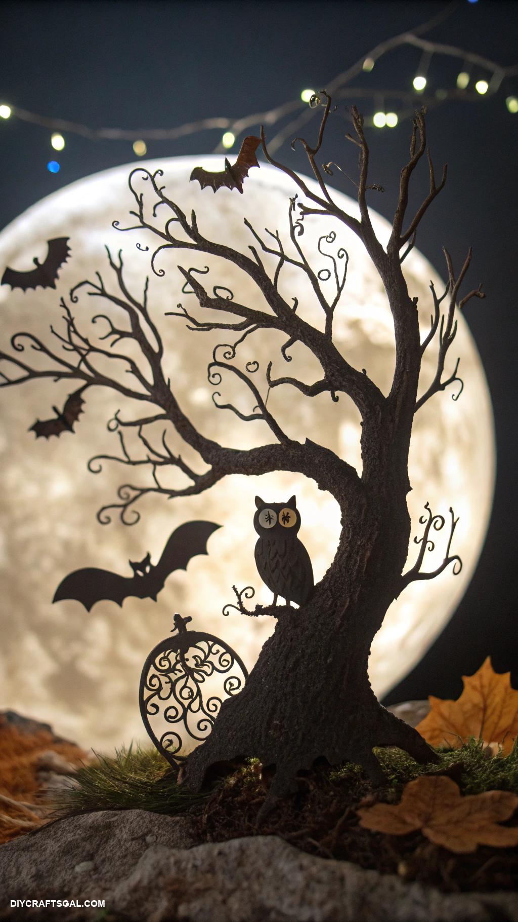 pumpkin carving ideas Tree silhouette with bats and owls