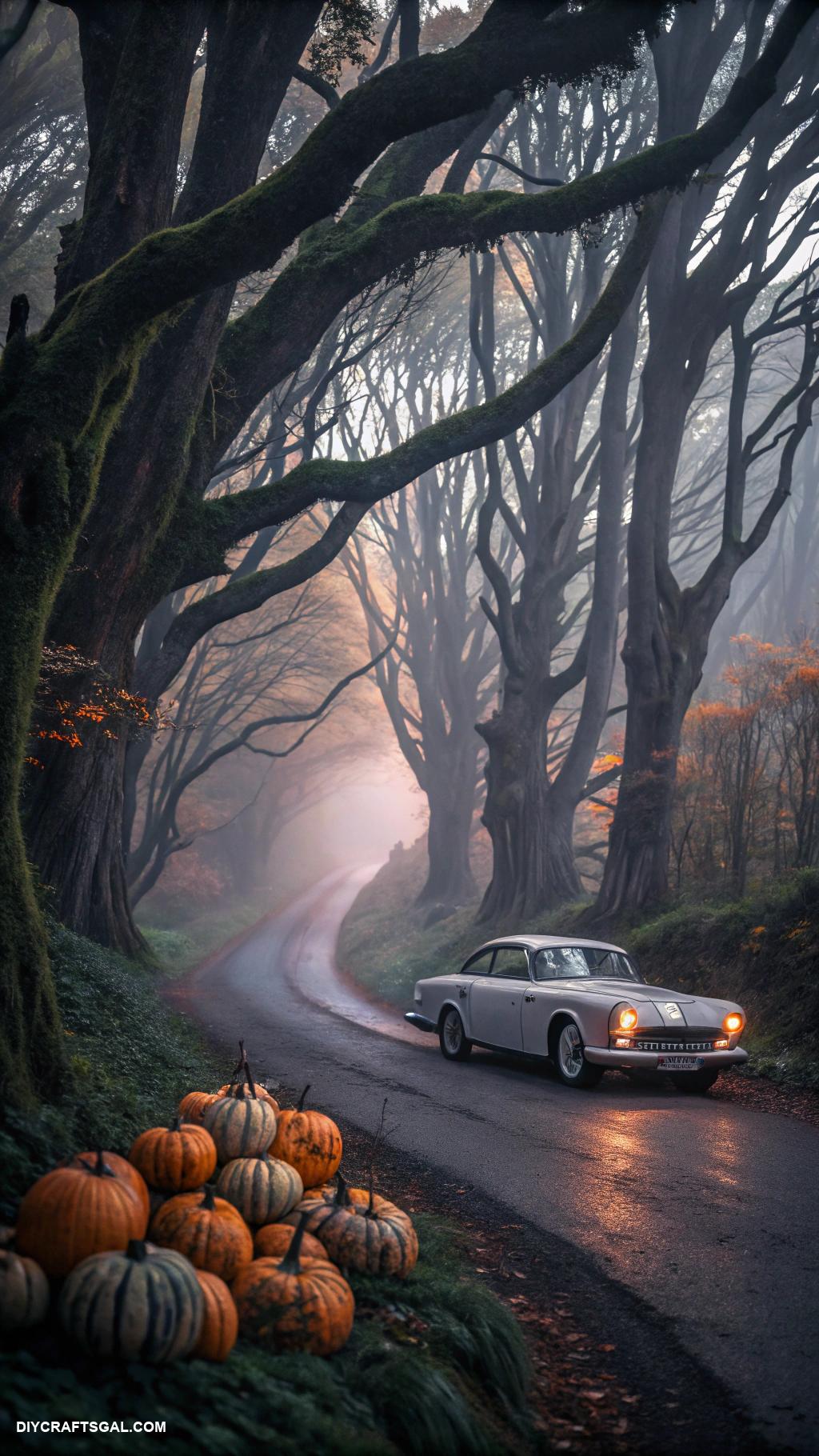 pumpkin carving ideas Vintage car driving through spooky trees