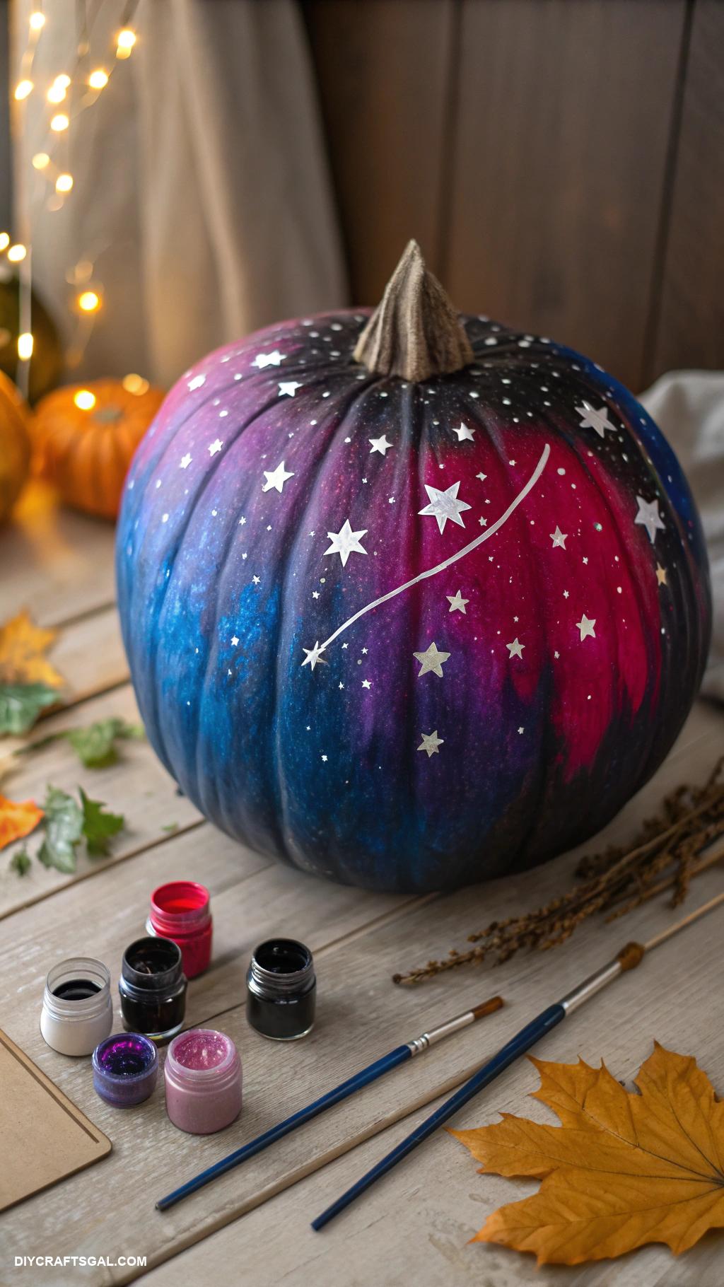 pumpkin painting ideas Galaxy themed with stars and swirls