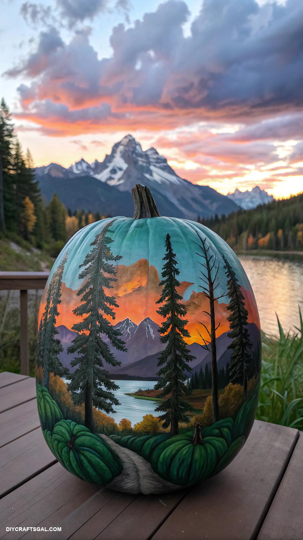 pumpkin painting ideas Nature scene with trees and mountains