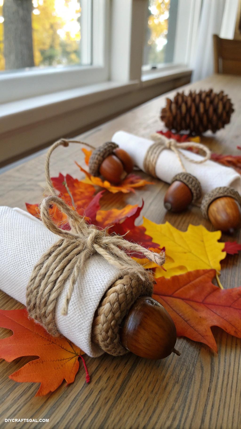 thanksgiving crafts Acorn and twine napkin rings