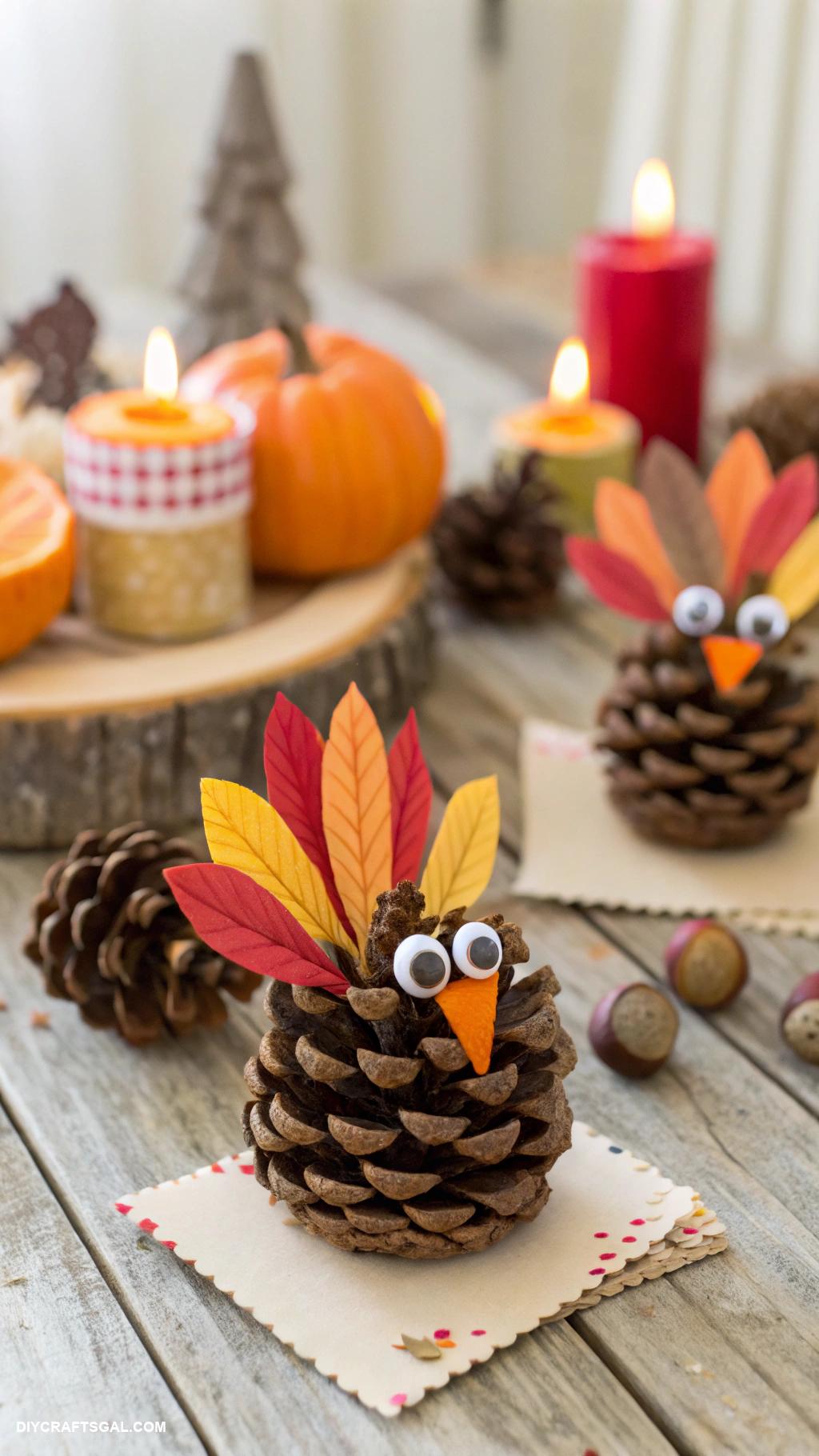 thanksgiving crafts Pinecone turkey place card holders