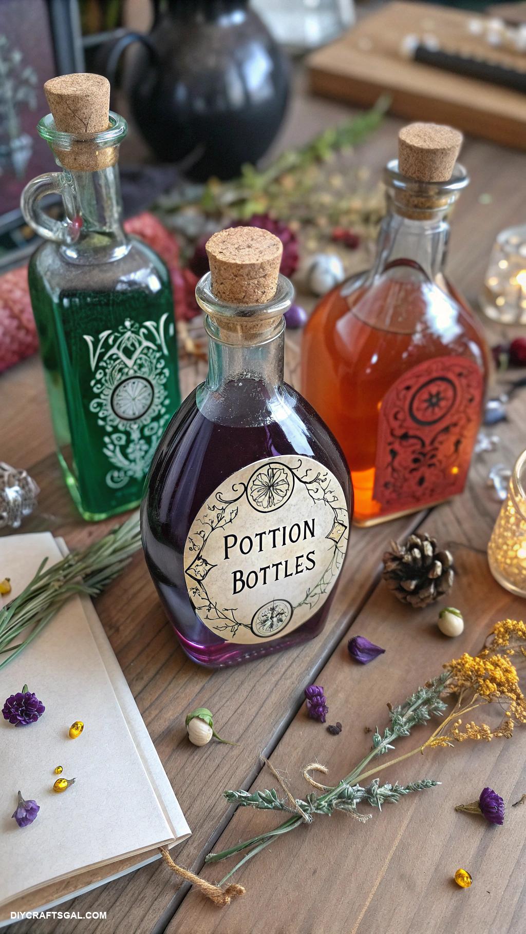 witchy crafts Homemade potion bottles with labels