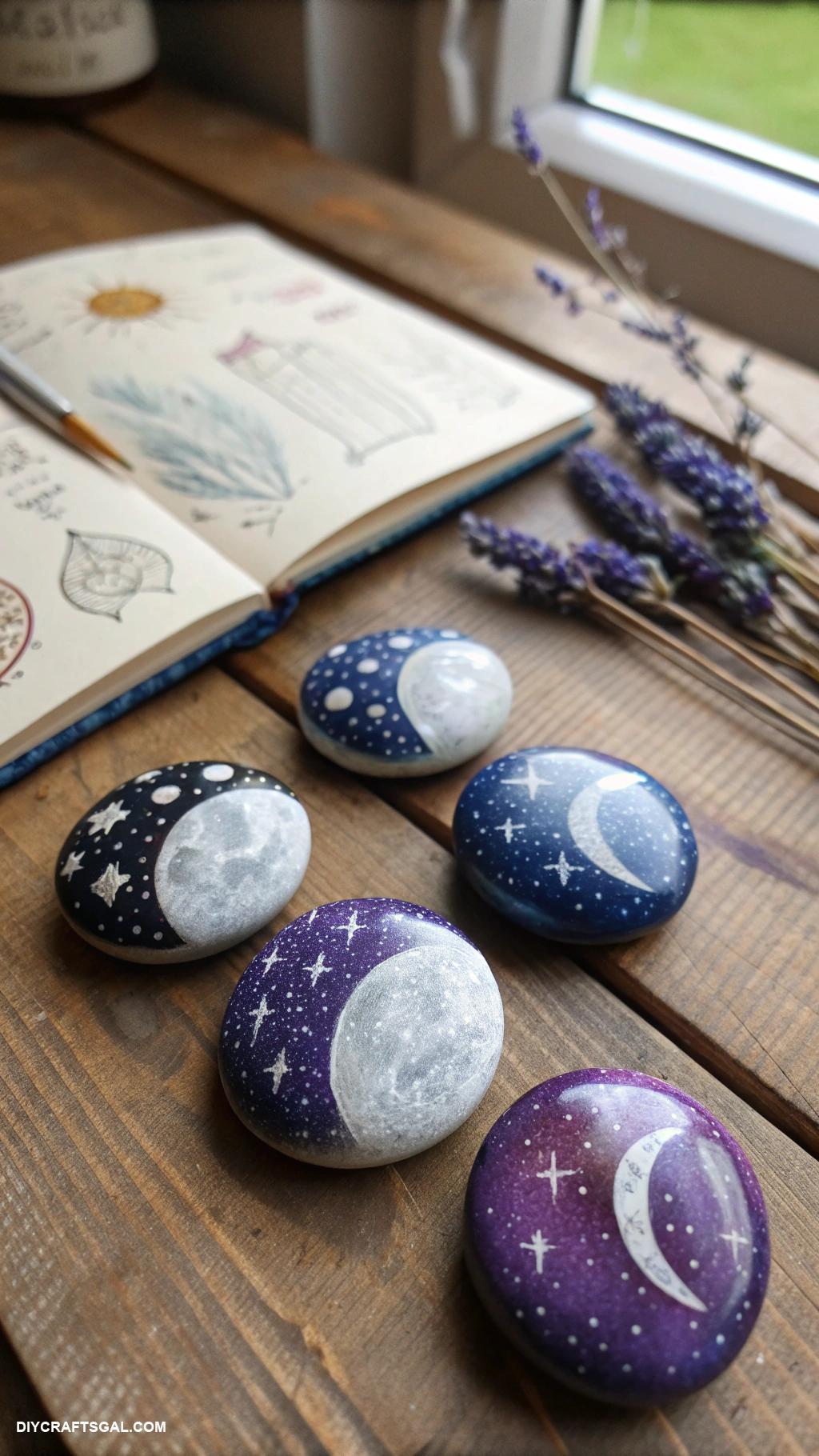 witchy crafts Painted moon phase stones for decor