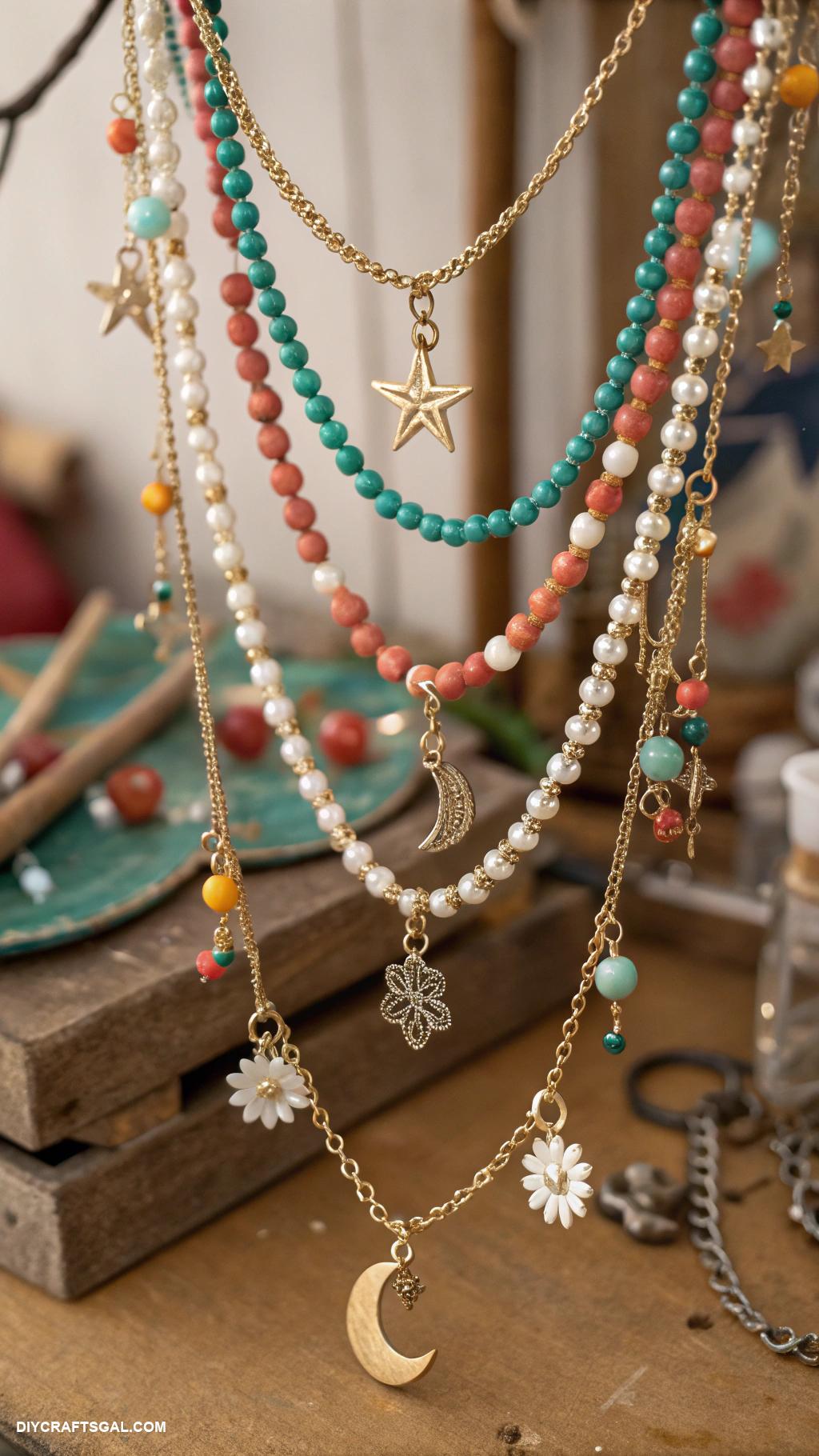 beaded necklace patterns Layered chains with charms and pendants