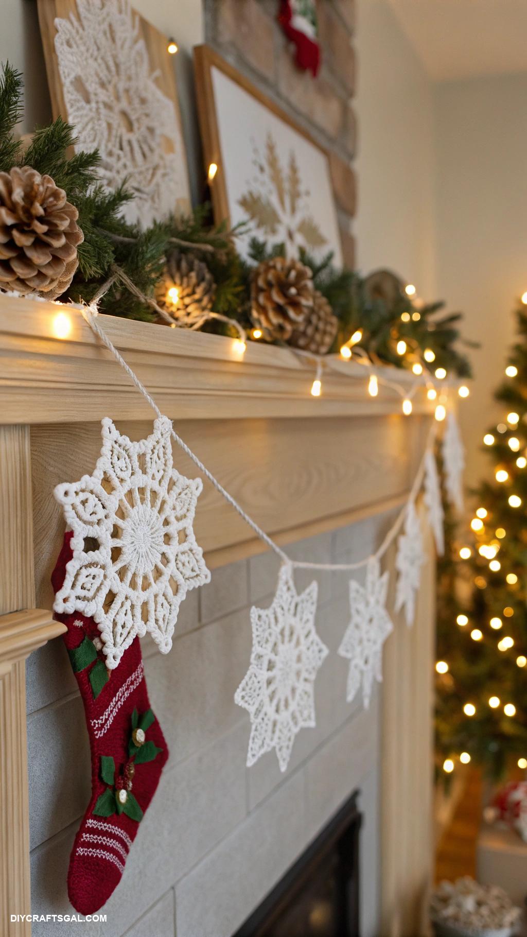 christmas crochet patterns Crochet snowflake garland for mantel decoration