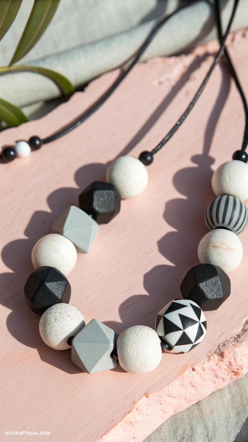 clay bead necklace Monochrome geometric shapes for modern looks