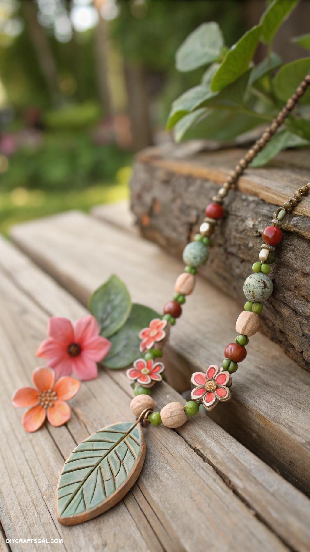 clay bead necklace Nature themed with leaves and flower beads