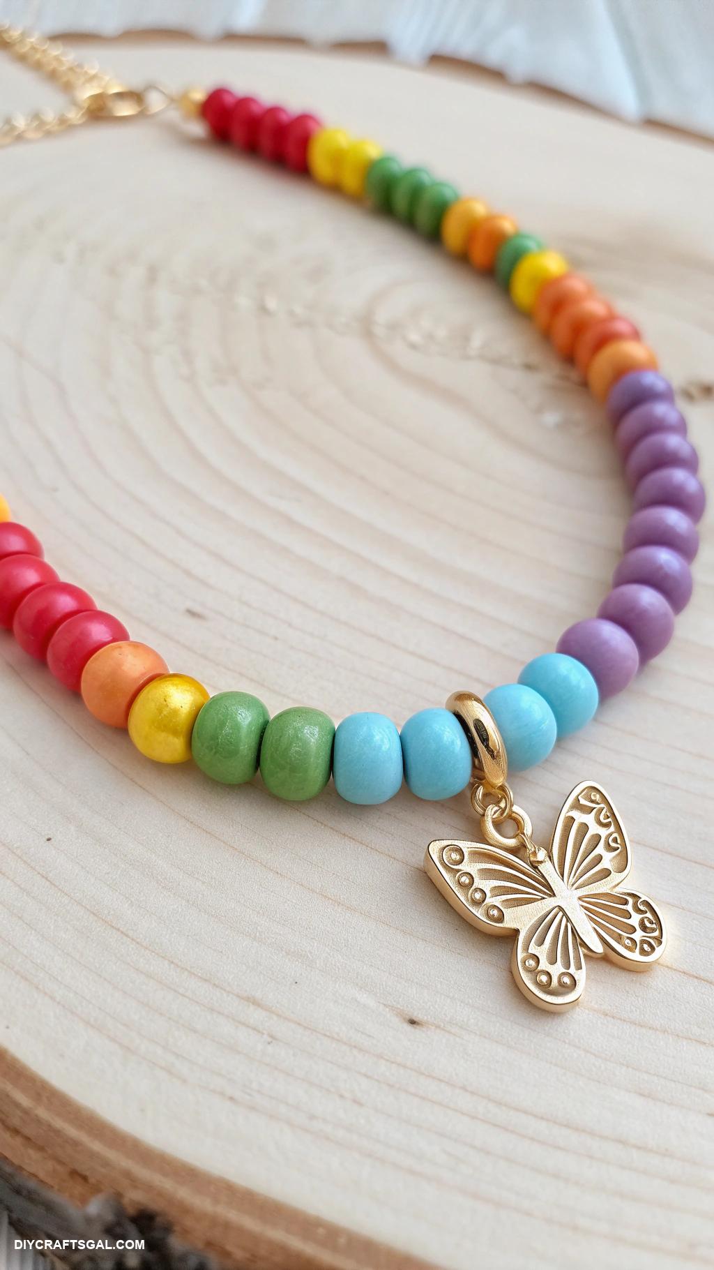 clay bead necklace Rainbow pattern with contrasting charm pendant