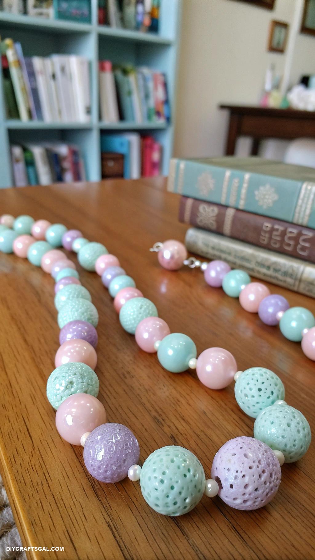 clay bead necklace Vintage inspired with pastel and pearl beads