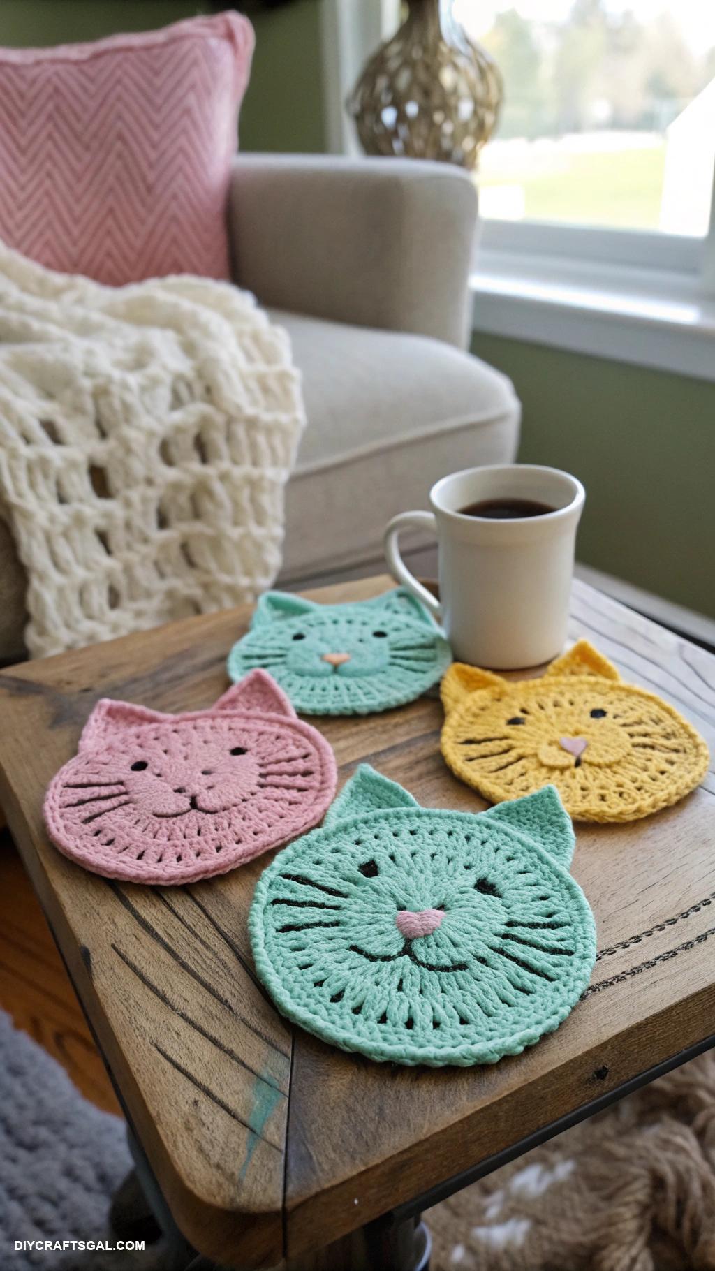 crochet cats Cat shaped crochet coasters for coffee table