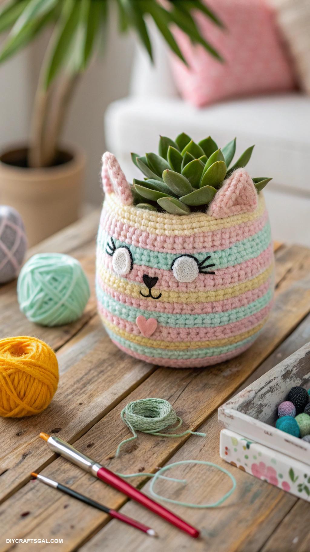crochet cats Crochet cat planter with succulent