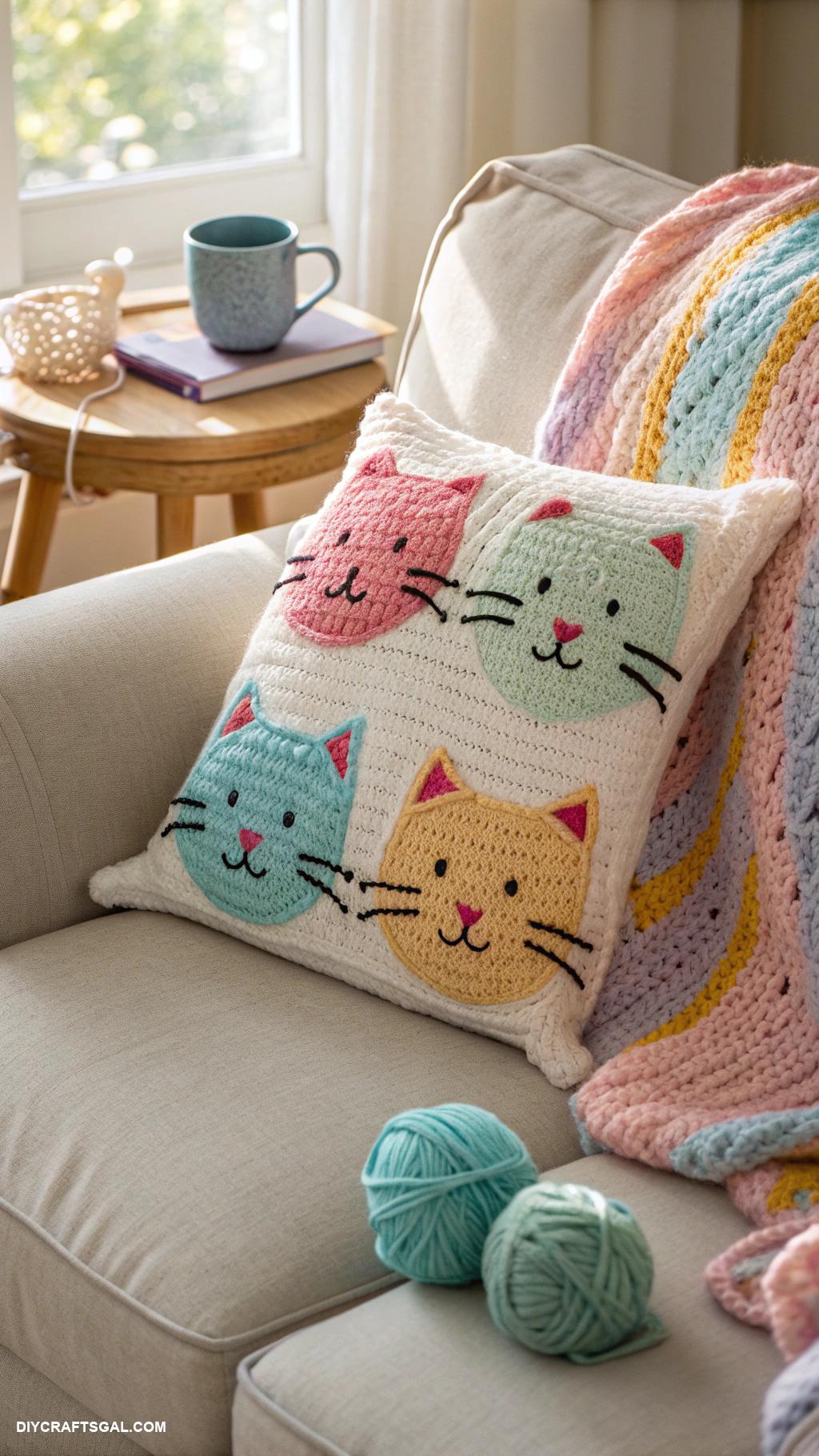 crochet cats Crochet cat themed pillow for cozy decor