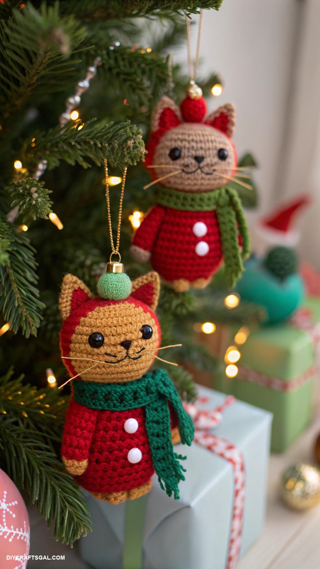 crochet cats Festive crochet cat ornaments for holidays
