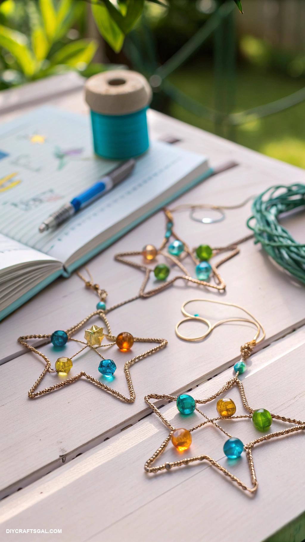 diy beads and wire suncatcher Colored glass beads on twisted wire stars