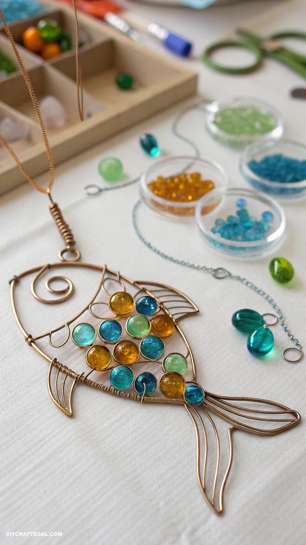 diy beads and wire suncatcher Fish shaped wire suncatchers with glass beads